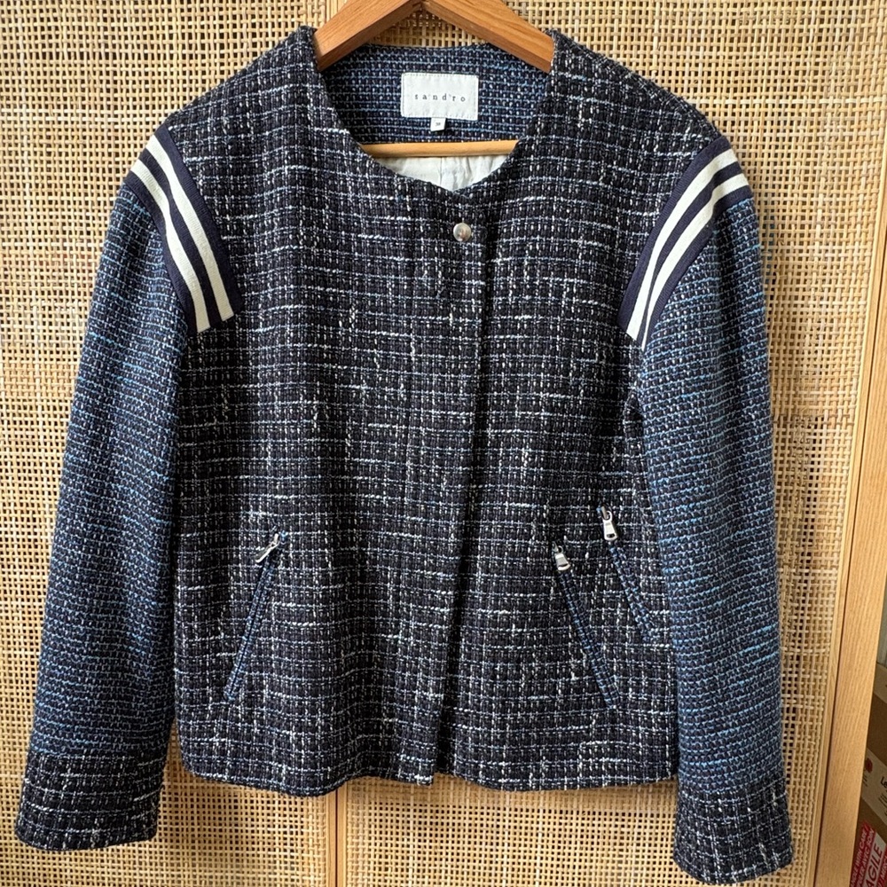 Sandro Paris Varsity Women's Navy and White Tweed Bomber-Style Blazer- Size US S